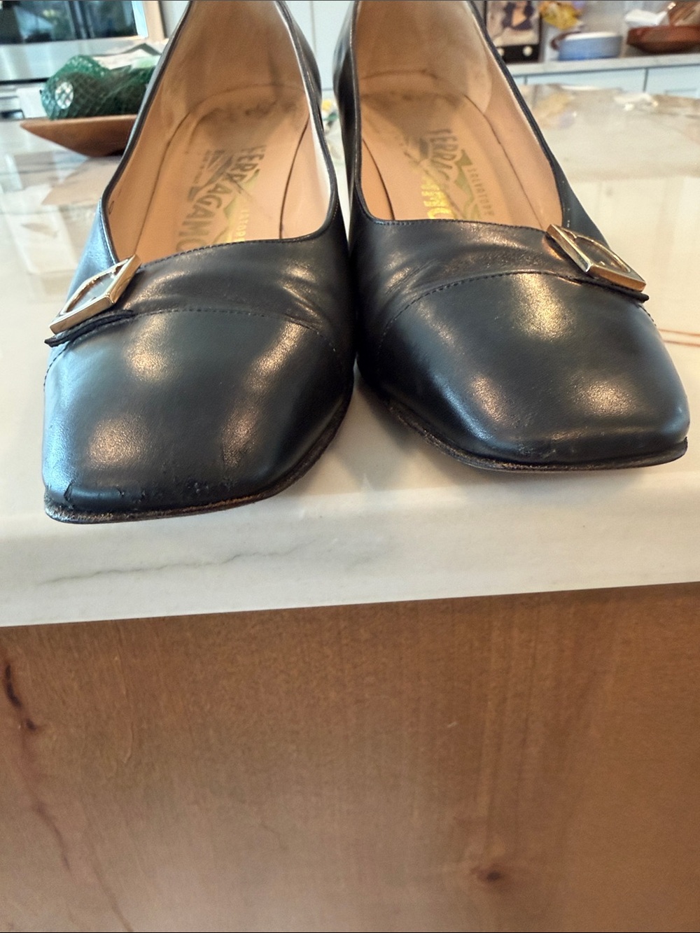 Salvatore Ferragamo Black Leather Square-Toe Pumps with Gold Buckle Accent - Picture 4 of 7